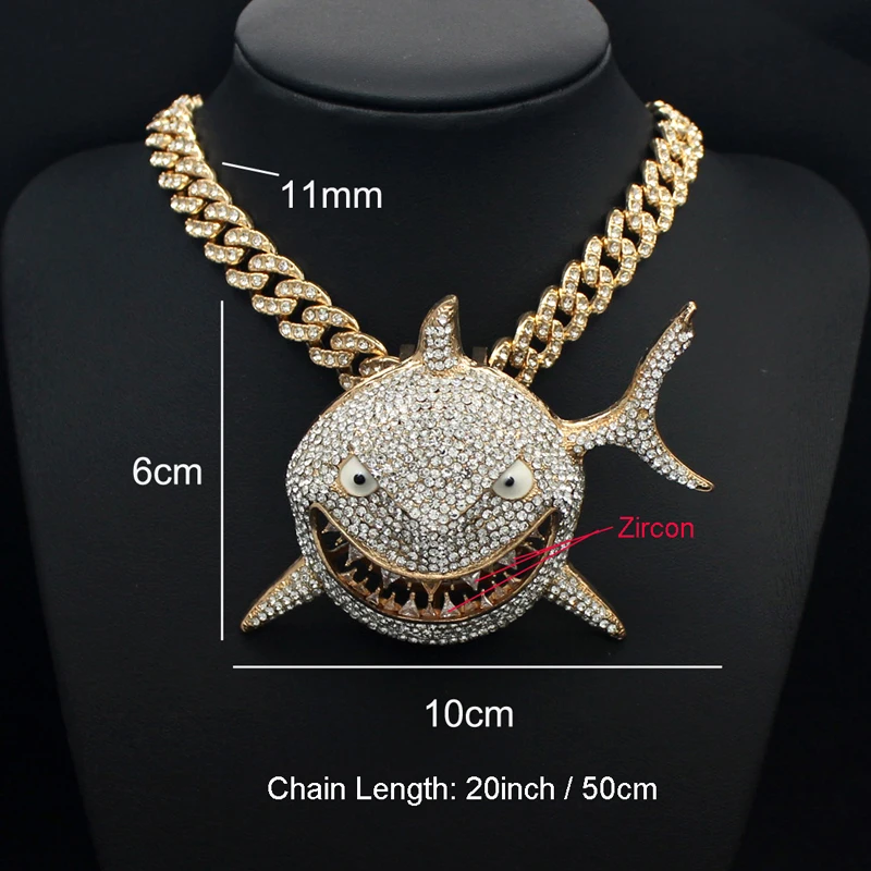 Big Shark Pendant Necklace For Men Hip Hop Bling Jewelry 11mm Iced Out Rhinestone Miami Cuban Chain Fashion Jewelry Gift