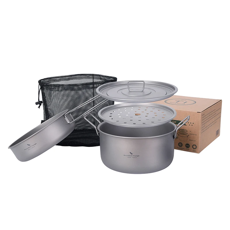 Boundless Voyage Titanium Camping Cookware Set with Steamer Pot Frying Pan Lid Outdoor Travel Picnic Saucepan Tea Tray