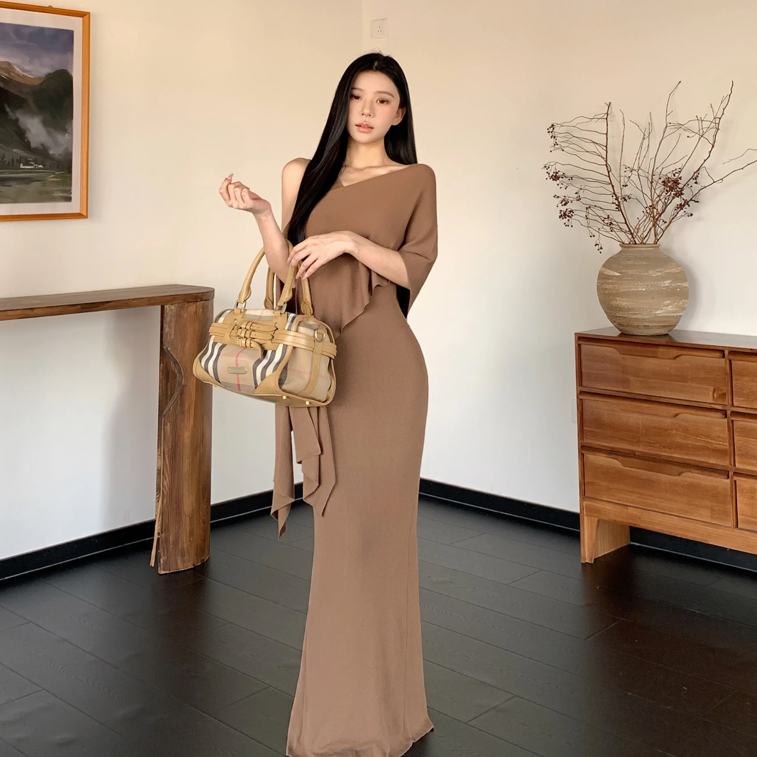 الخريف الشتاء البني القلنسوة Ne محبوك Svel Dr and awl قطعتين مجموعة للنساء Ele Sle لا العلامة التجارية المسجلة