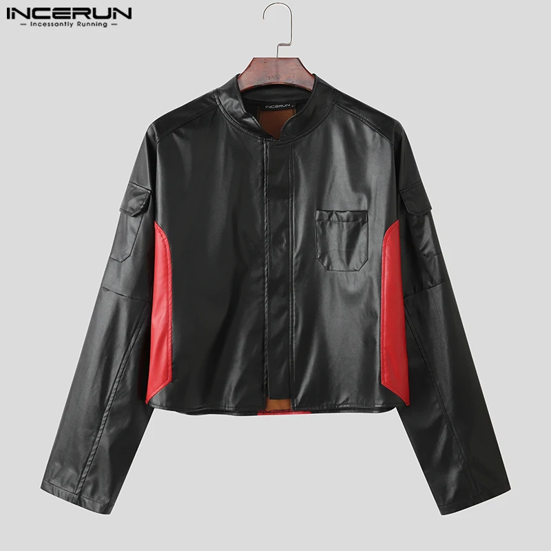

INCERUN Men Jackets Patchwork PU Leather Stand Collar Long Sleeve Male Coats Streetwear 2025 Zipper Fashion Casual Crop Jackets