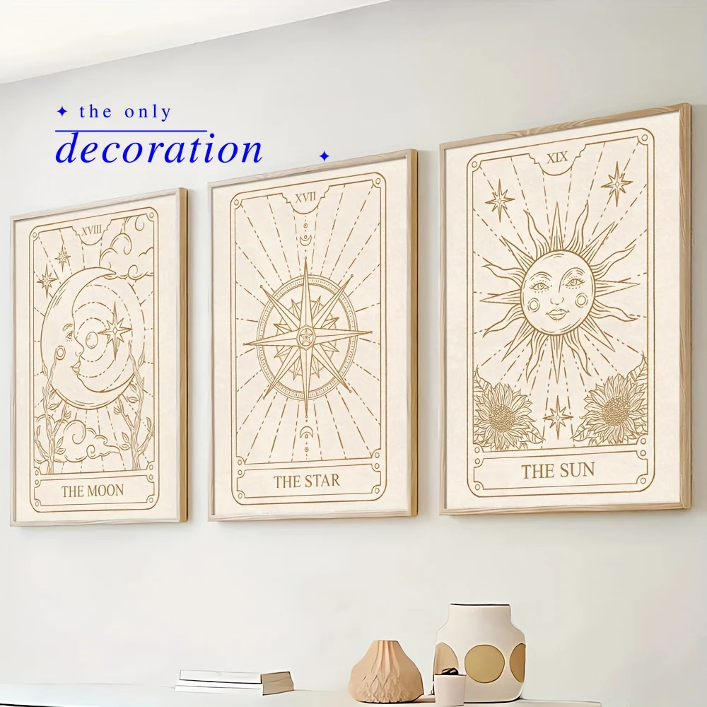 2D Flat, 2D Flat, Collection of 3 Unframed Vintage Card Art Prints: The Sun, The Moon, The Star. Stylish Canvas Artwork for D