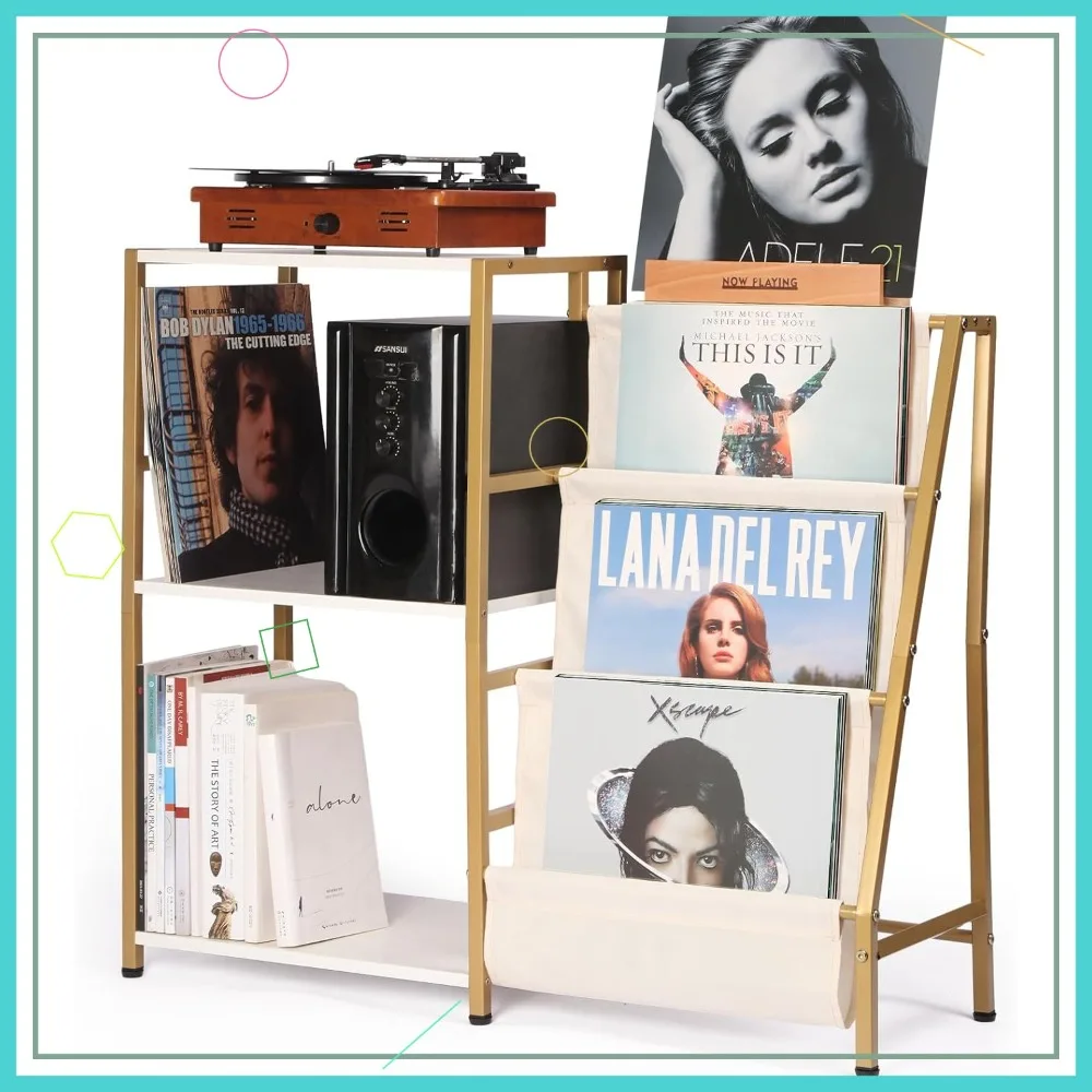 

3-уровневая подставка для хранения виниловых пластинок с теперь играющим держателем, проигрывателем и полкой для динамиков для гостиной золото-белого цвета