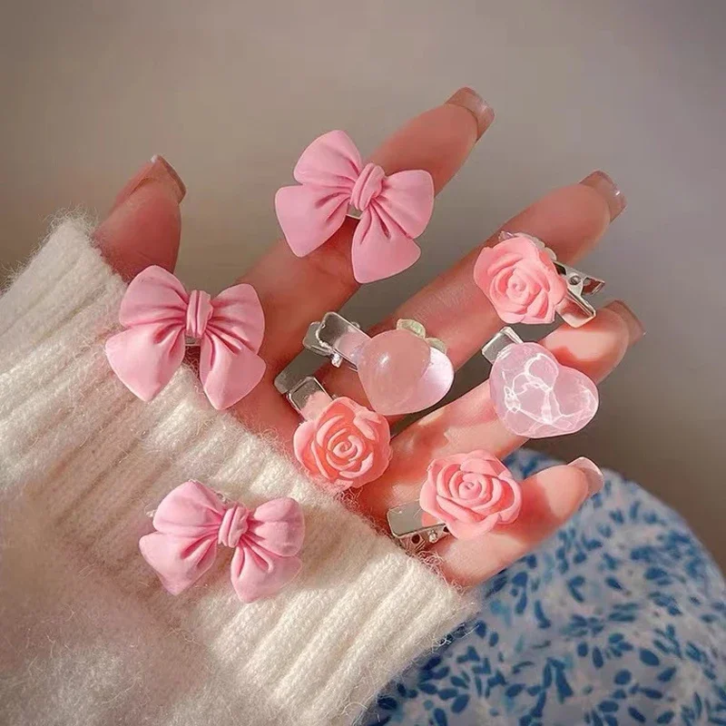 5Pcs New Small Bow Hairpins Cute Peach Rose Headwear Hair Accessories Girl Side Bangs Clip Sweet Hair Clips Headdress Jewelry