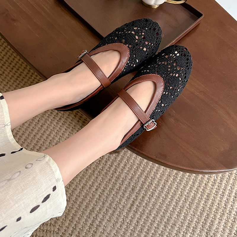 Elegant Knitted Hollow Out Women Ballet Flats Comfortable Soft Soles Mary Janes Sandals Prom Walking Loafers Casual Girls Shoes