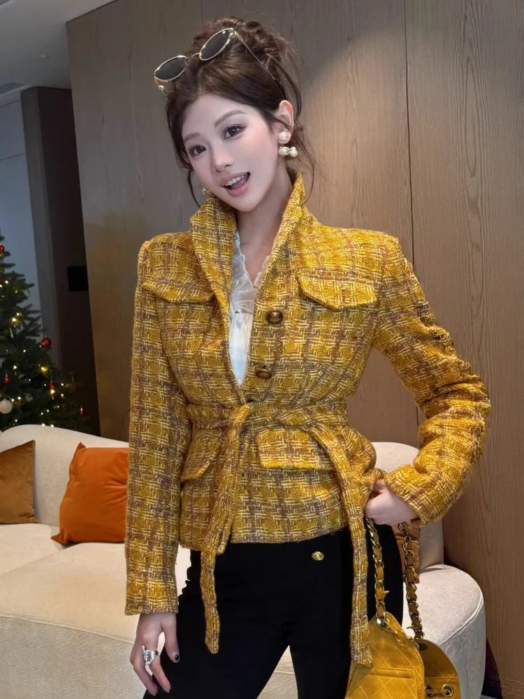 Autumn Office Ladies Tweed Short Coat Single Breasted Turndown Collar Elegant Office Ladies Long Sleeve Woolen Plaid  Jacket
