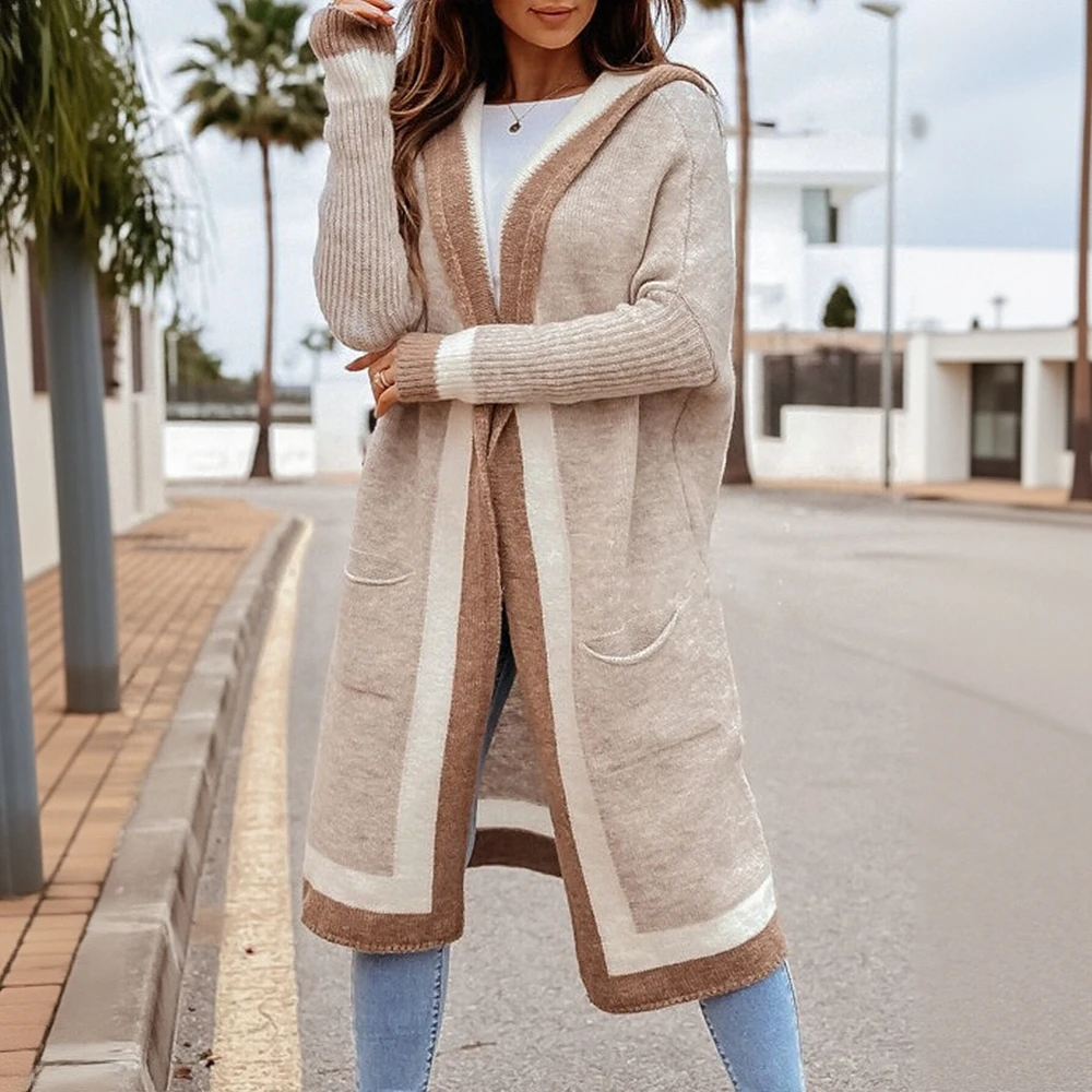

Women's Elegant Stylish Spliced Long Sleeve Hooded Cardigans for Autumn Winter Modern Daily Wear Casual Fashion