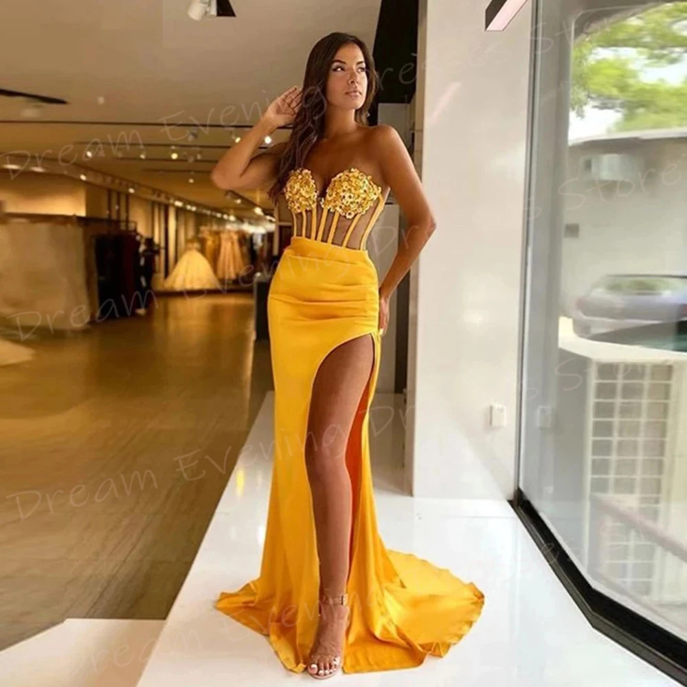 Elegant Mermaid Charming Women\'s Evening Dresses Popular Strapless Customized Prom Gowns Side High Split Beaded Vestido De Noche
