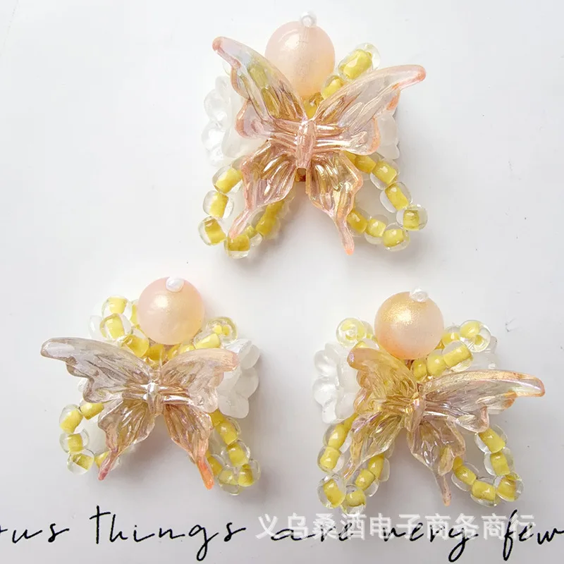 Premium Milky Yellow Beaded Butterfly Shoe Clips for Crocs Transparent Jelly Shoes Non Slip Sturdy Cute Sweet