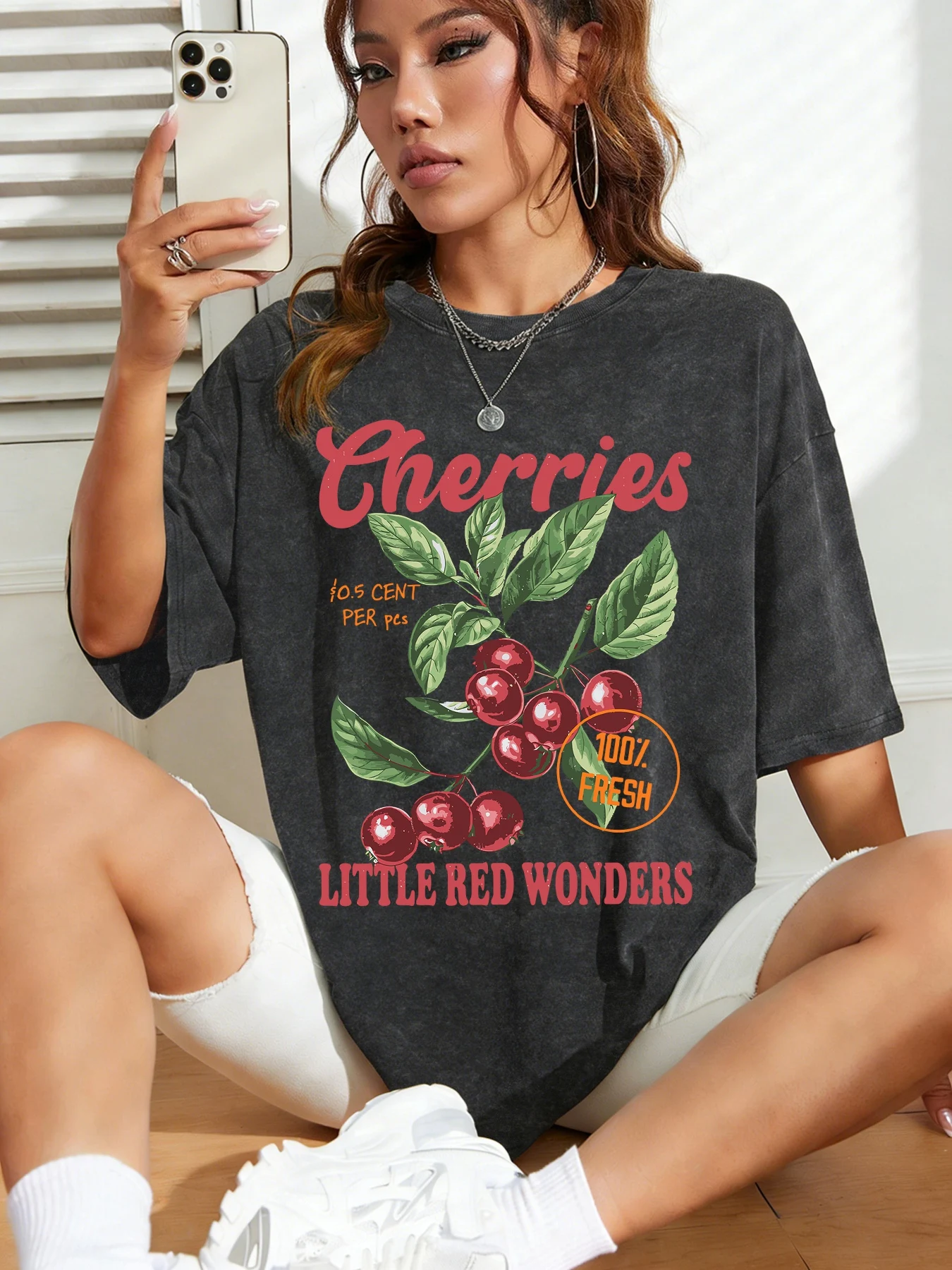 

Женская негабаритная стираная уличная футболка с короткими рукавами Cherries 10,5 Cent с принтом Little Red Wonders, 100% свежие повседневные топы