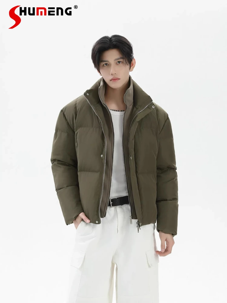 

Мужские зимние новые модные свободные удобные теплые куртки 2025 года, искусственные двухсекционные парки с двойной молнией и воротником-стойкой, однотонные шикарные пальто