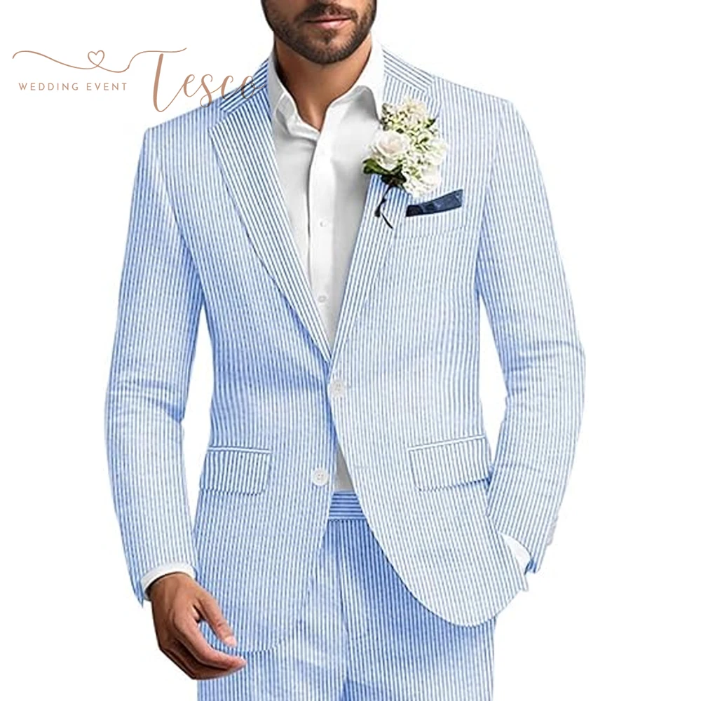 

Tesco Customized Men's Seersucker Suit 2 Piece Striped Lightweight Blazer Jacket and Pants Beach Wedding Prom Suits Summer Wear