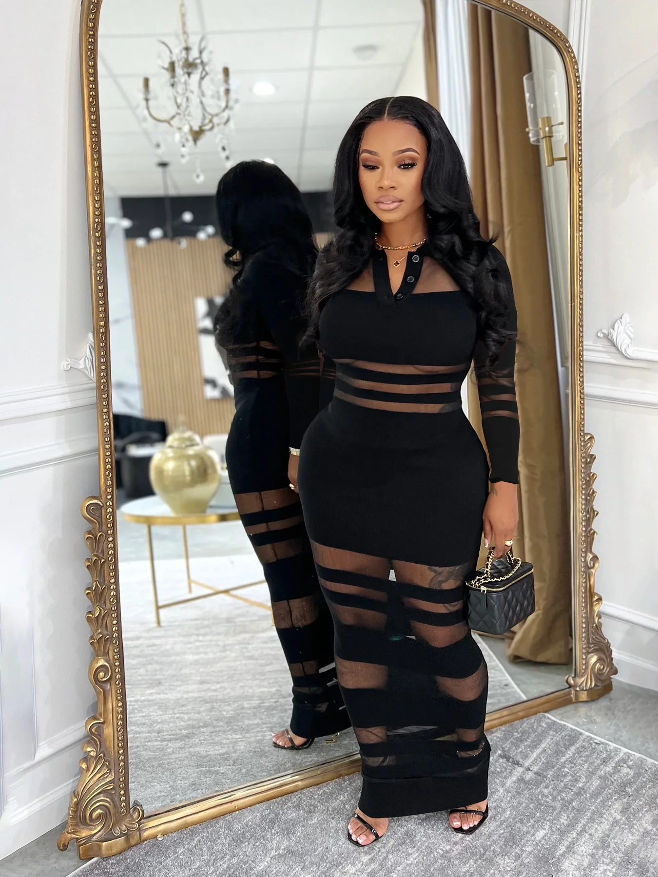 Robe longue transparente sexy pour femme, col polo, manches longues, moulante, taille haute, pour soirée club, élégante, Vestidos