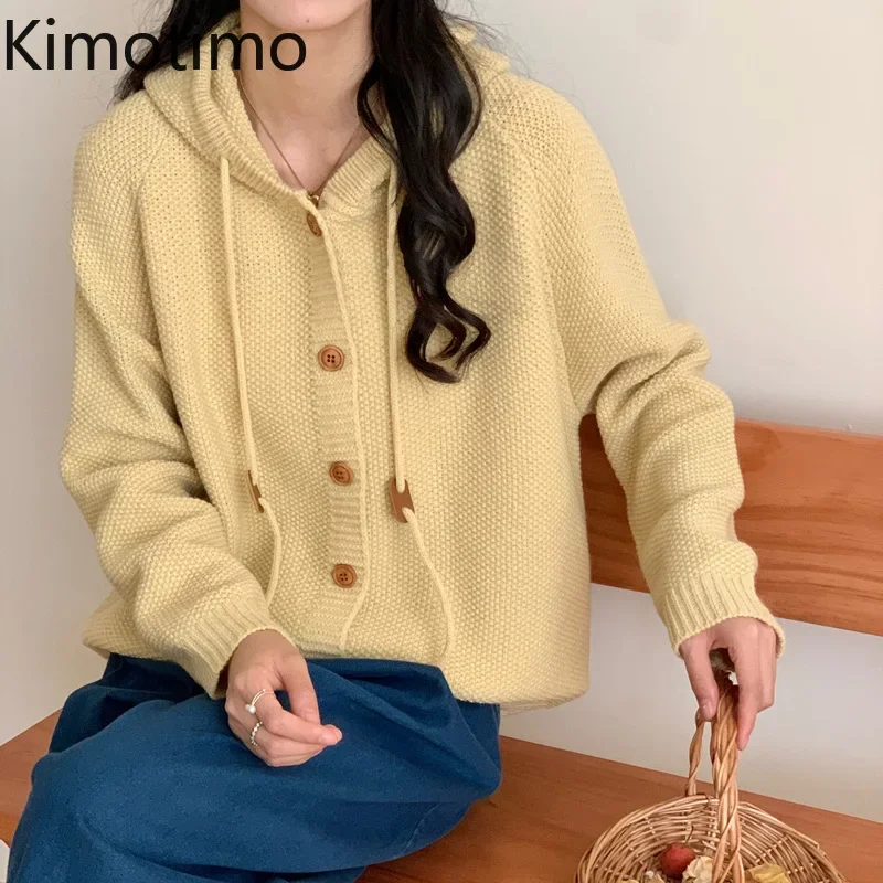 

Kimotimo Hooded Solid Sweater Coat Women Autumn Winter Loose Single Breasted Long Sleeve Cardigan Korean Casual Knitwear Tops