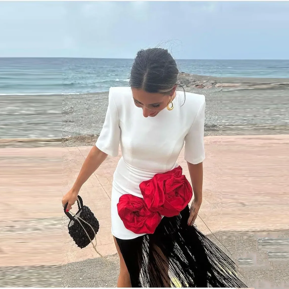 

Custom Made 3 Colors Prom Gowns Short Half Sleeves Elegant Women Dresses Floral Pleated White Black Prom Gown Straight