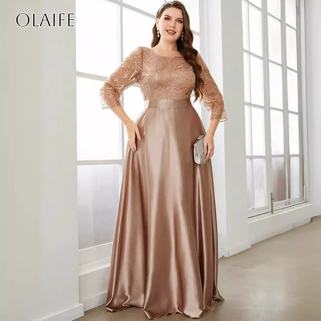 

Sequined Long Sleeves O-neck A-line Prom Dresses Satin Floor Length Pleated Party Wear Customized vestidos de festa