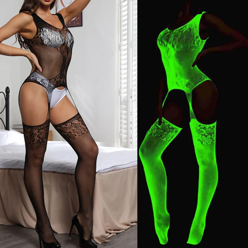 Erotic UnderwearWome Lingerie Suspenders Glow-in-the-dark Jacquard Hollowed out Sexy BodyStockings Mesh Costumes Lingerie