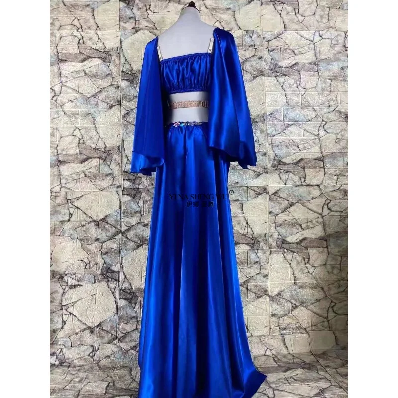 Set di costumi per spettacoli di danza del ventre da donna personalizzati, gonna lunga in raso, completo di danza orientale per adulti e bambini