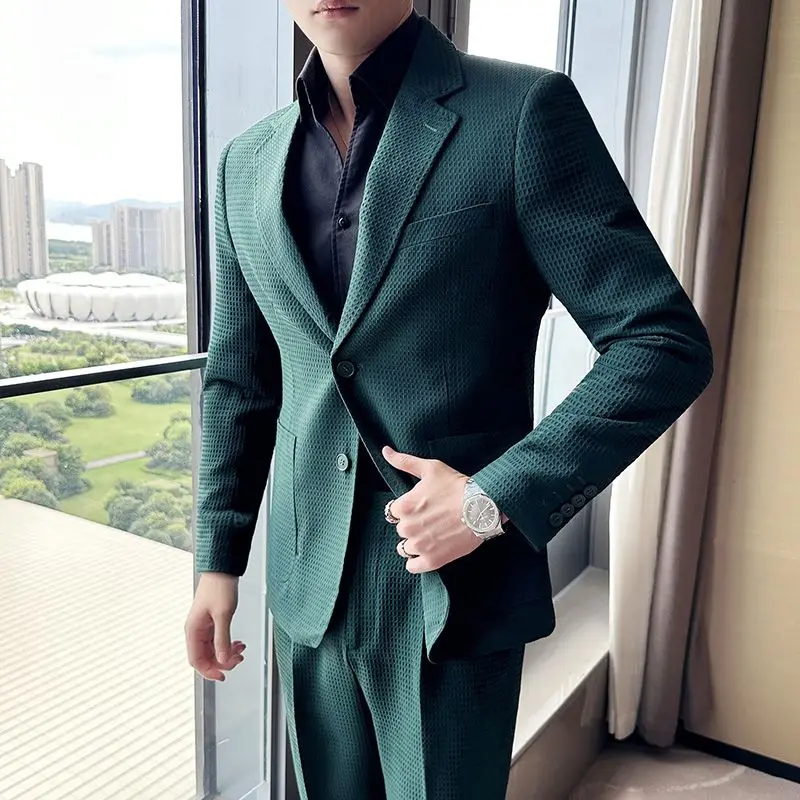 

Autumn new style waffle handsome suit two-piece suit men's slim fit handsome casual suit suit trendy dark green