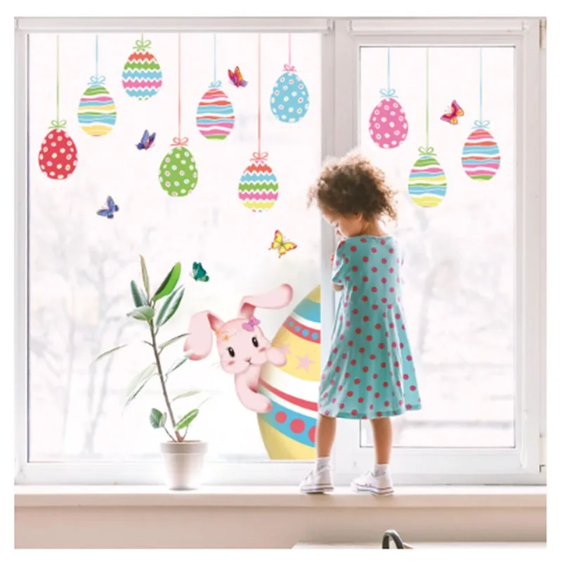 Easter Static Window Stickers 2pcs Double Sided Visual Cartoon Bunny Egg Electrostatic Glass Decals Home Window Decor Dj005