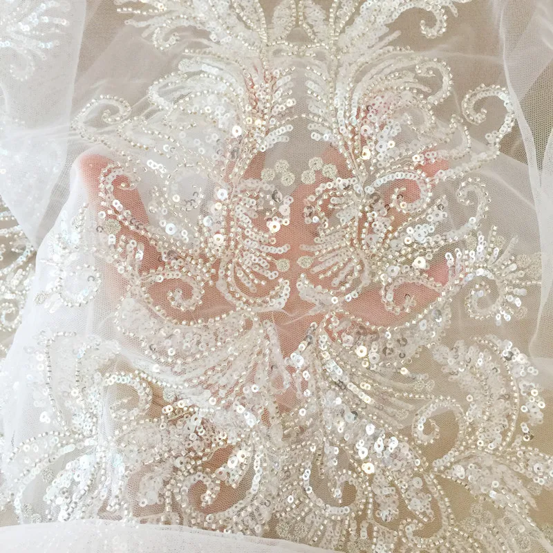 Embroidered Lace Fabric for Wedding Dress, 3D Beaded Embroidery, Large Flower Applique, Patch Accessories