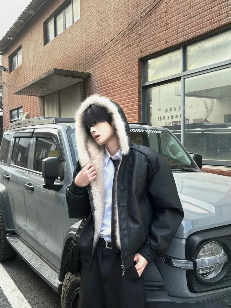 

Ретро-куртка в американском стиле из искусственной кожи с хлопковым утеплителем, с капюшоном, уличный стиль, модная парная модель, теплая, с длинными рукавами, на молнии