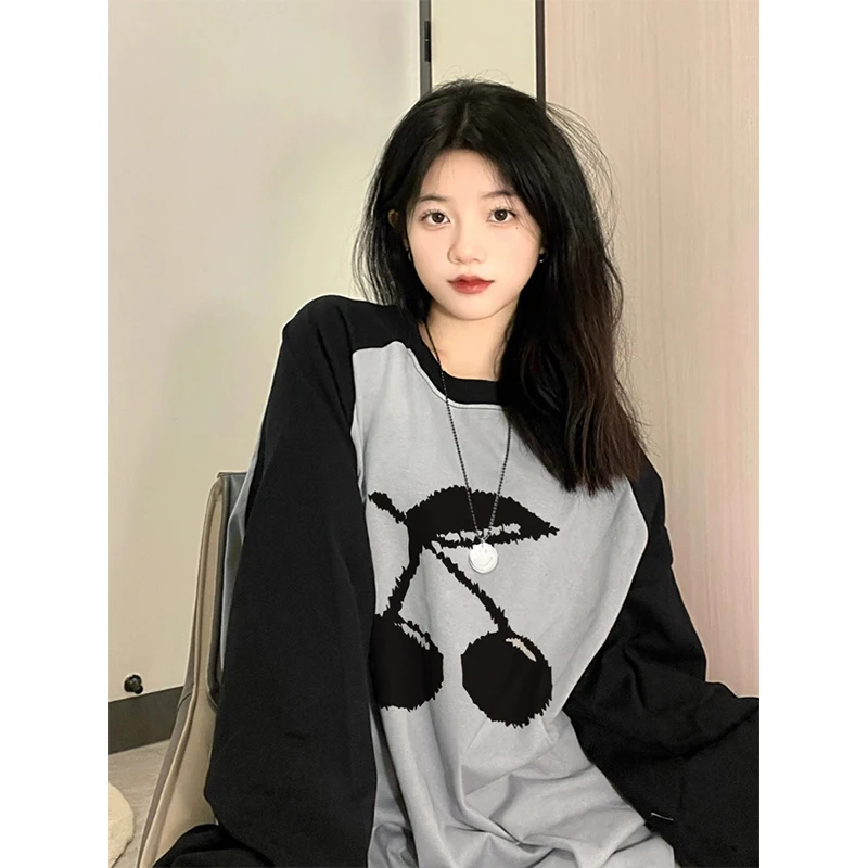 Fashion Women T-shirt Long Sleeve O-neck Cherry Printed Ladies Oversized Tops for Daily Streetwear Spring Summer Bottoming Shirt