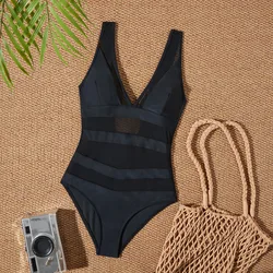 2025 New Low Back Swimsuit One Piece Swimwear Women Sexy Bathers Black Mesh Bathing Swimming Swim Suit Female V Neck Beachwear