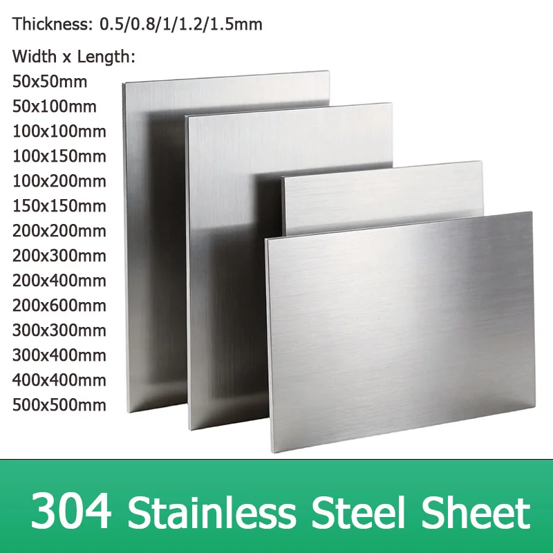 304 Stainless Steel Sheet Plate Thick 0.5/0.8/1/1.2/1.5mm 50x50mm-500x500mm Square Board Flat Brushed Metal Polished Plate