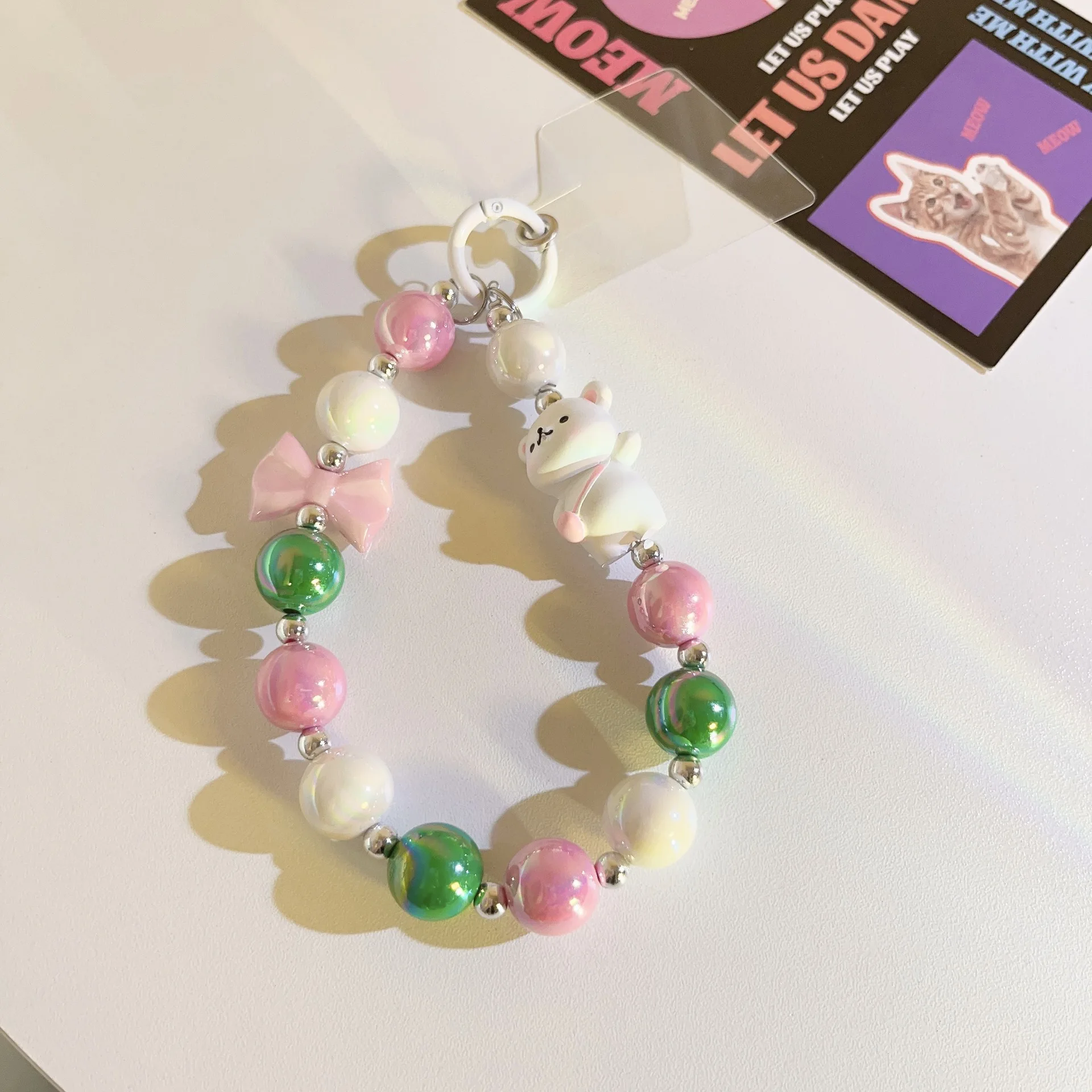 Cartoon Bear Love Beads Mobile Phone Chain Lanyard Cute Short Pendant Keychain Hanging Cord Straps Fashion Jewelry Accessories