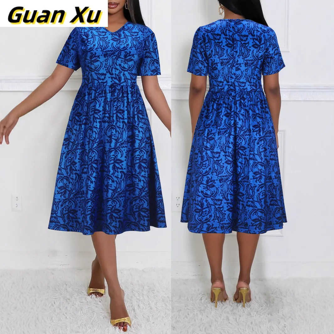 

new American women's clothing fashionable and elegant V-neck short-sleeved medium and long large-size waist A-word dress