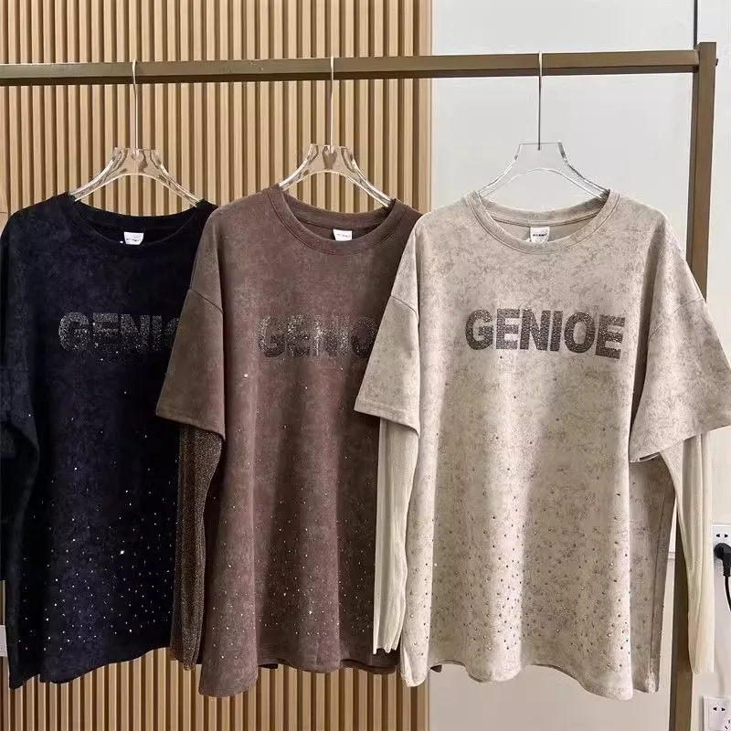 

Oversized rhinestone diamond full Star design stylish gold sleeves beautiful women's long-sleeved T-shirt