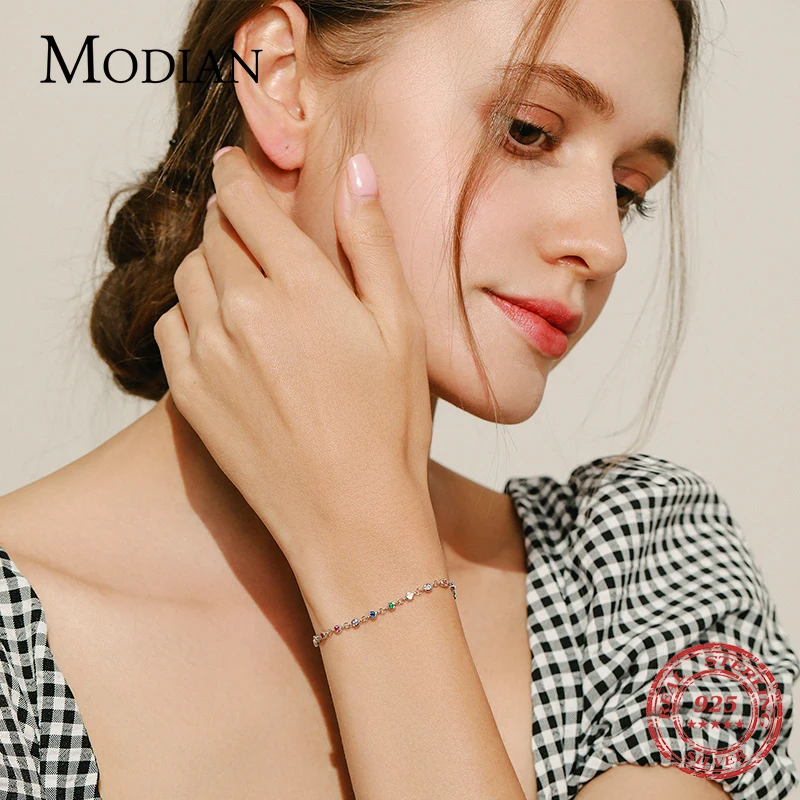 MODIAN-Estilo Bohemia Pulseira com Corrente para Mulheres, Real 925 Sterling Silver, Cor Arco-Íris, CZ, Moda Feminina, Acessório Jóias