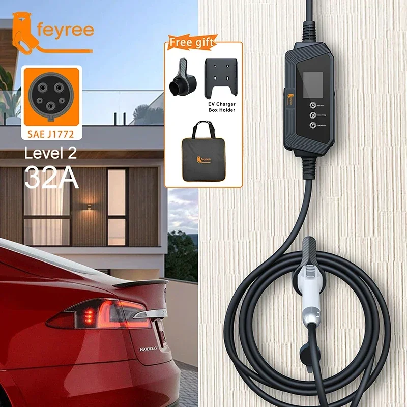 Feyree Type1 7kW 32A 1P EV Charger Plug with J1772 Cord Current Adjustable Portable Charging Box Holder for Electric Car Charger