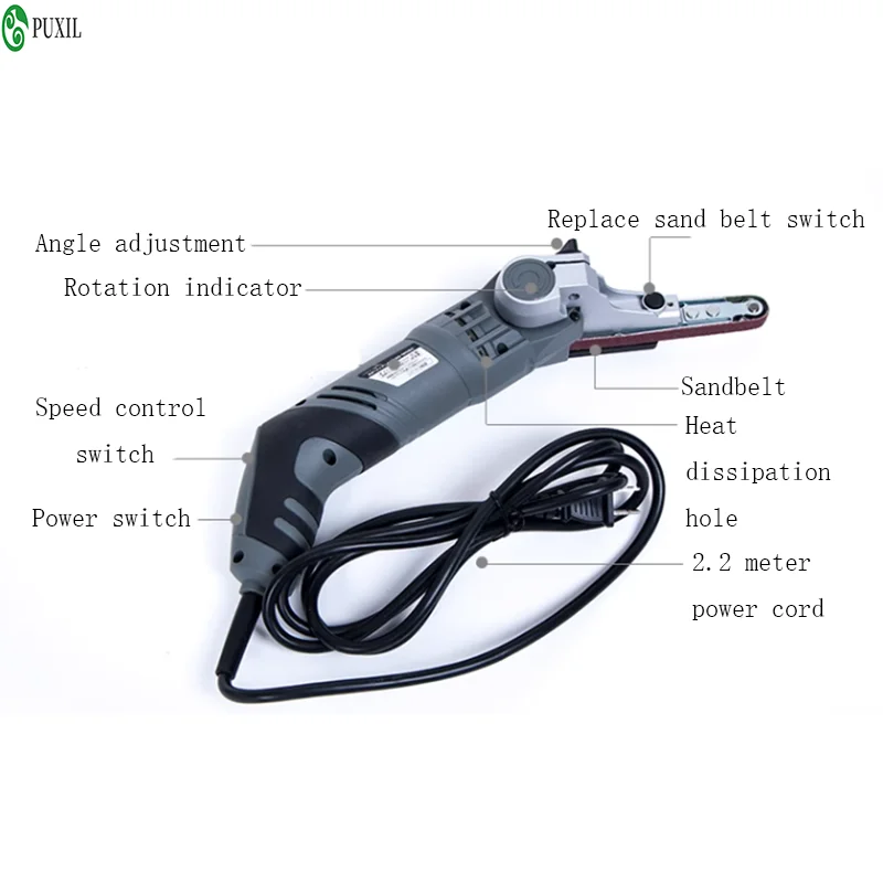 Mini lijadora de banda eléctrica de mano de 260W, herramientas de lijado y pulido eléctrico de 6 velocidades con 3 uds de correas abrasivas de 220V