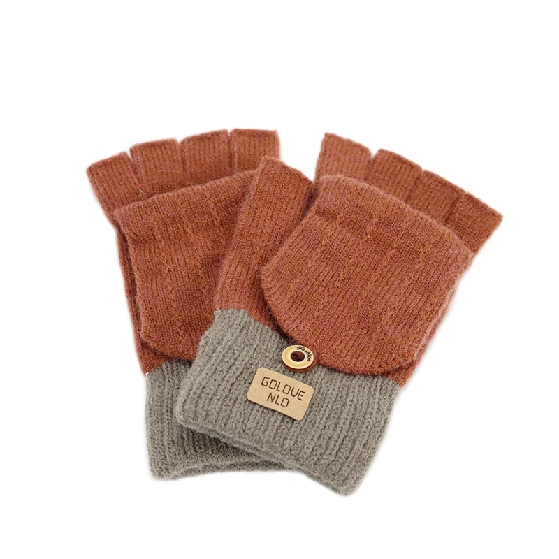 Fashion Solid Flip‑Cover Fingerless Winter Warm Gloves Unisex Knitted Gloves for Men Women Students Writing Daily Wear