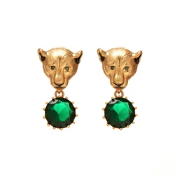 Fraya 2024 New Vintage Lion Head Earrings for Women Green Gemstone Pendant S925 Silver Needle 18K Gold Plated Fashion Jewelry
