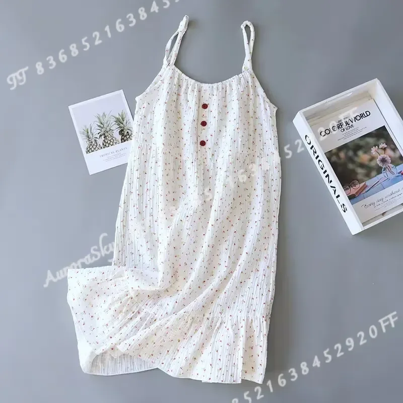 Women 100 Cotton Crepe Gauze Nightgown Floral Sleeveless Spaghetti Strap Knee Length Summer Home Sleep Dress M XL