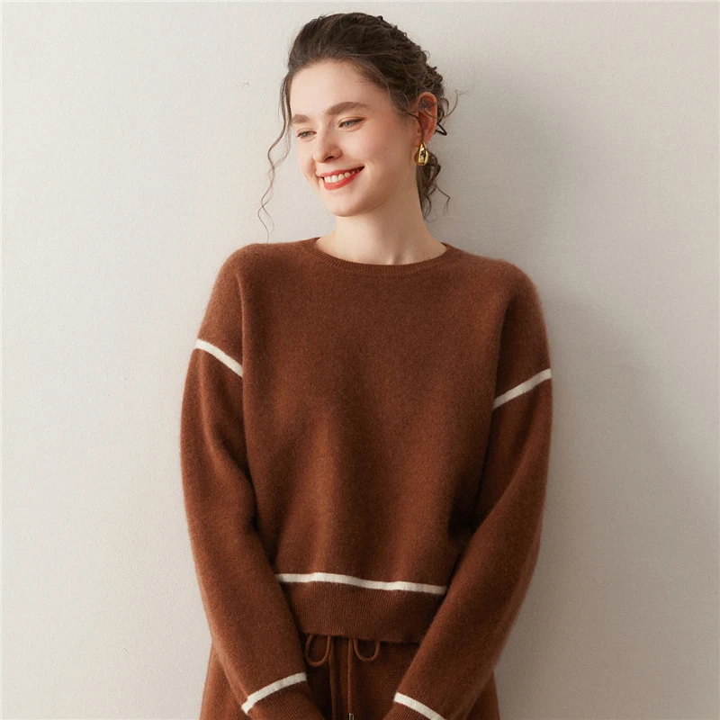 เสื้อสเวตเตอร์แคชเมียร์แท้ 100% สำหรับผู้หญิง คอกลม แขนยาว สไตล์สั้น สีบล็อค สำหรับฤดูใบไม้ร่วงและฤดูหนาว เสื้อถักแคชเมียร์ยอดนิยม