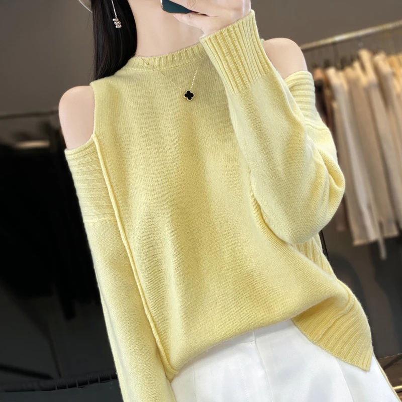 ผู้หญิง 100% เสื้อขนสัตว์บริสุทธิ์รอบคอหลวม Off-The-Shoulder ถัก Pullovers แฟชั่น WARM PIT Strip เสื้อฤดูใบไม้ร่วงเสื้อหนา