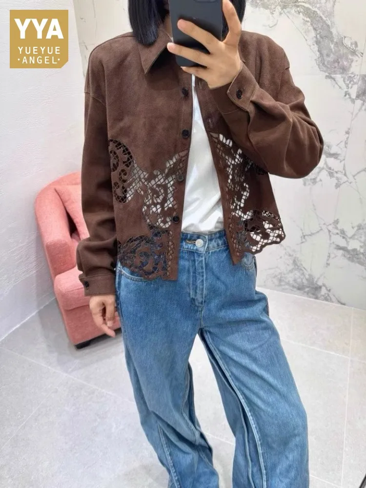 Top Qualität Herbst Echtes Leder Wildleder Bestickt Aushöhlen Weibliche Jacke Turndown Kragen Natürliche Schaffell Dünne Kurze Mantel