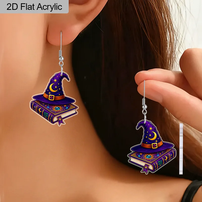 2D Halloween Purple Hat Earrings Moon Star Printed Acrylic Pendant Goth Book Costume Jewelry Gifts for Women Charms