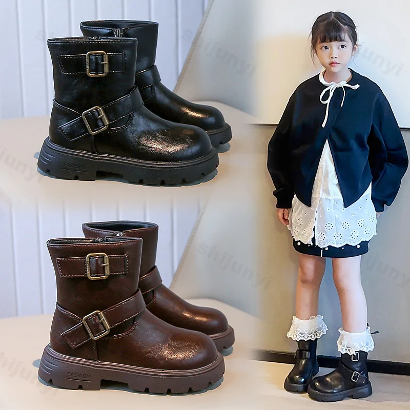 

Girls Fashion Ankle Boots 2025 Autumn Winter Platform Non Slip Britain Kid PU Leather Boot Luxury Classic Zipper Casual Shoes