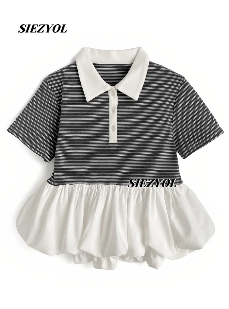 Lapel Short-sleeved T-shirt New Arrival Japanese Style Sweet Flower Bud Patchwork Stripes Contrast Color Polo Collar Tops