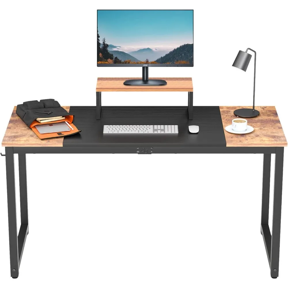 Computer Desk with Monitor Riser Writing Large Table Home Office Hook Modern Student Study Desk with Stable Structure