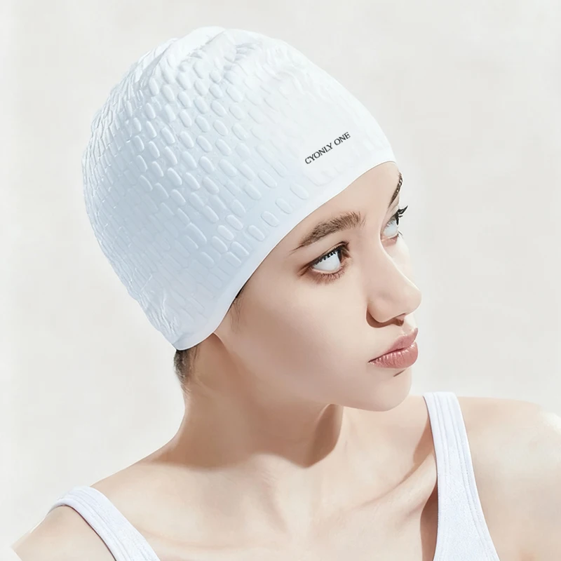 Touca de natação, touca de natação de silicone para mulheres e homens, touca de natação à prova d'água antiderrapante durável protege as orelhas, cabelo longo para adultos