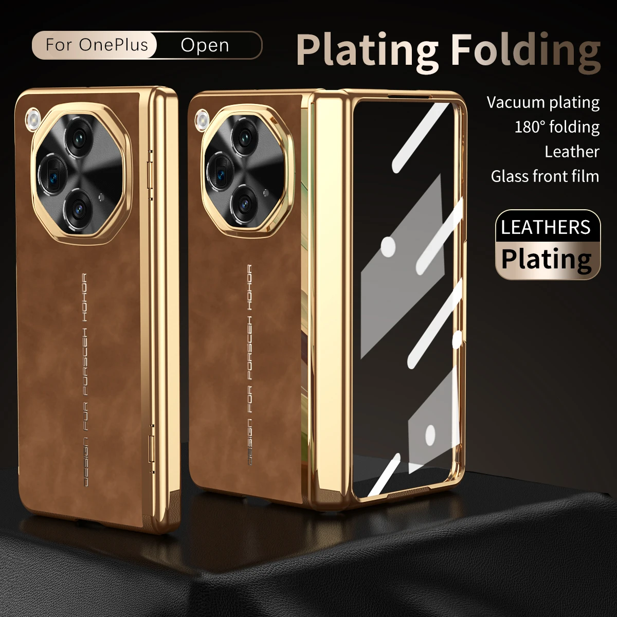 For OnePlus Open Vacuum Plating PC Leather 180 Wireless Folding Glass Front Film Plain Leather Anti-Fingerprint Phone Case