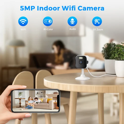 Imagen 2 del producto Mini cámara IP WiFi de 5MP, detección humana interior, vigilancia con Zoom 5X, Monitor de bebé CCTV PTZ con aplicación O-Kam pro, compatible con tarjeta SD