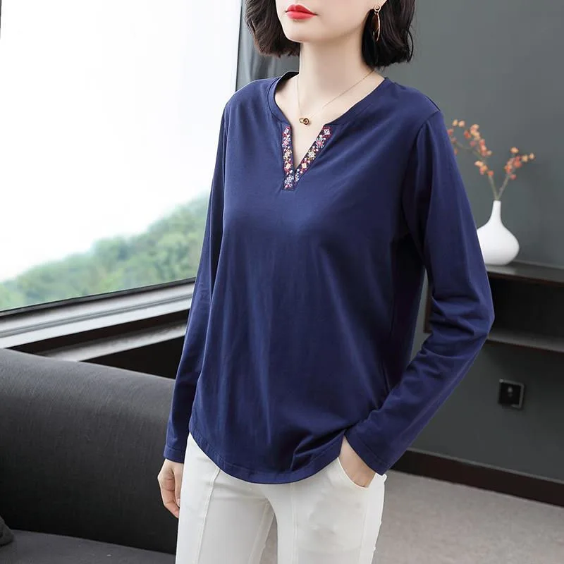 2023 Spring New Fashion T Shirt Woman V Neck Long Sleeve T-shirt Woman Korean Style Shirt Women Shirts