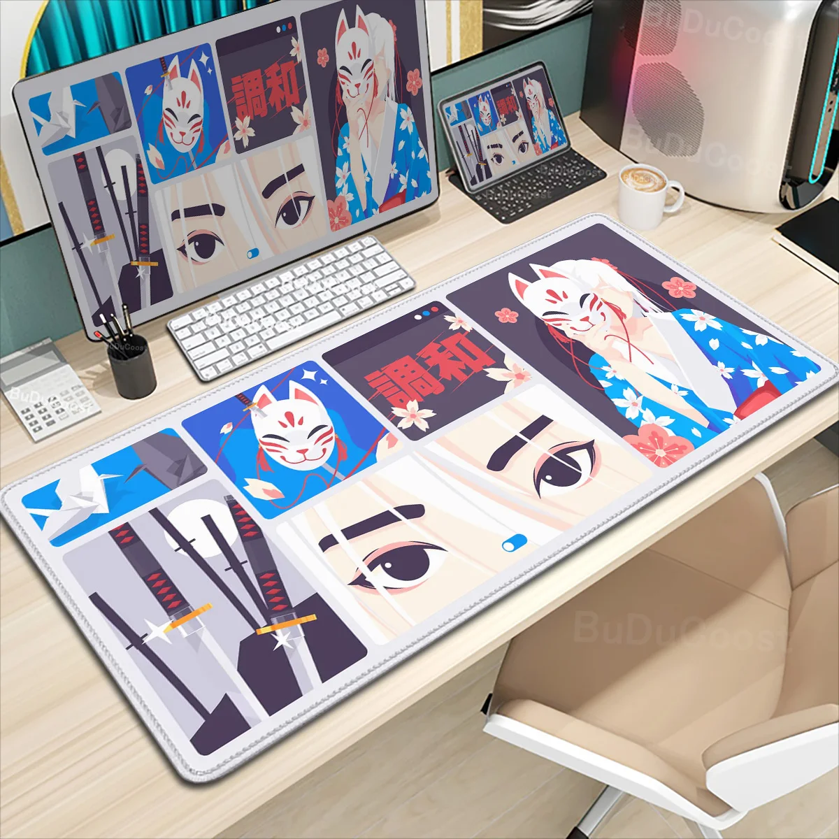 

Anime Samurai Warrior Mouse Pad Gamer Computer Accessories XL Lock Edge Keyboard Deskmat Oni Mousepad Company Game Laptop Carpet