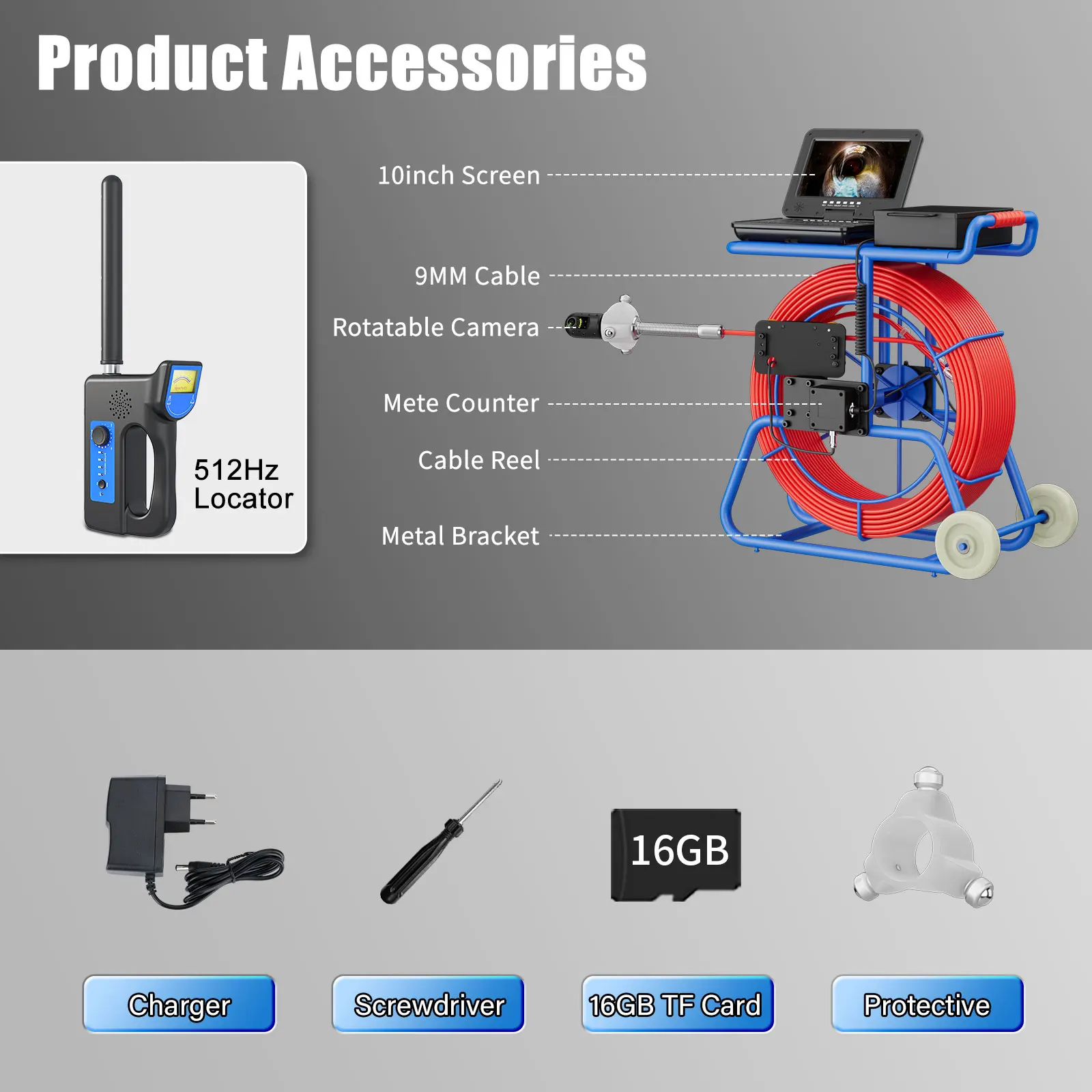 Sewer Inspection Camera 10″ IPS Monitor 360 degrees Endoscope Camera With 512HZ Transmitter Locator+Meter Counter+Keyboard